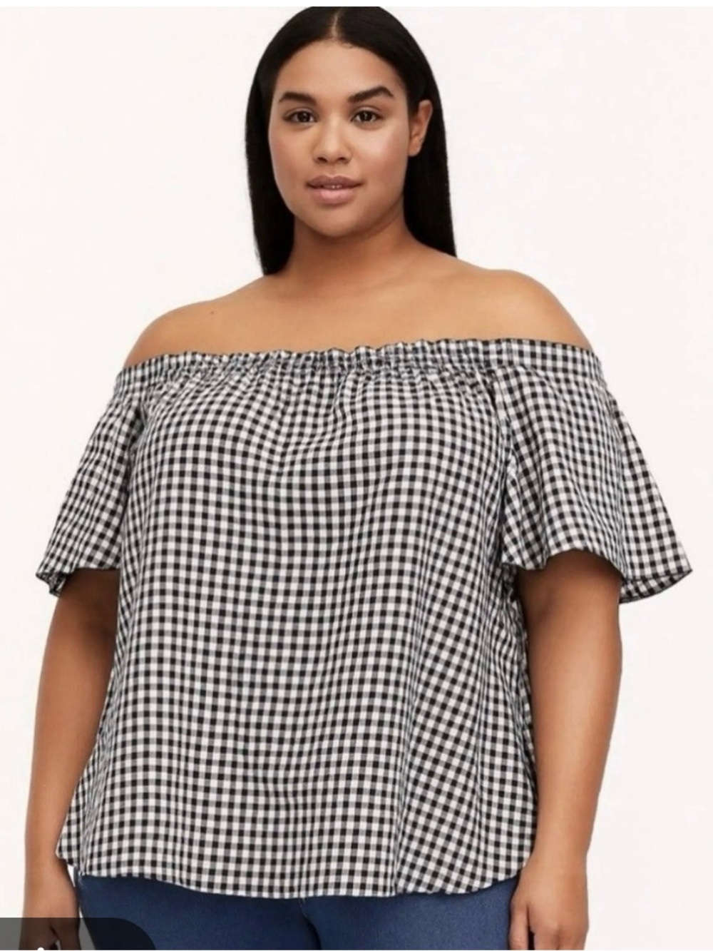 Lane Bryant Black and White Gingham Off-Shoulder Top - Picture 1 of 7